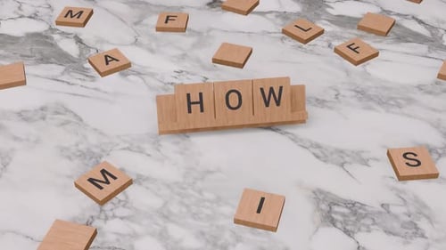 Animated 3D Wooden Letter Tiles Spelling 'How' on Marble Surface