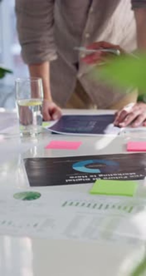 Hands, charts and business people in office, documents and review for tech process