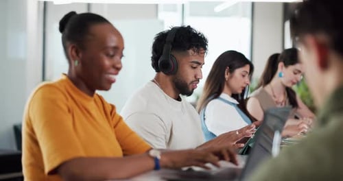 Man, student and headphones with tablet in library for education, study and listening to music