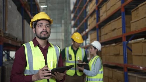 Blue collar workers are working at warehouse.