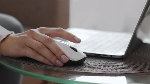Close Up Shot of Female Hand Using Computer Mouse Unrecognizable Woman Freelancer Scrolling