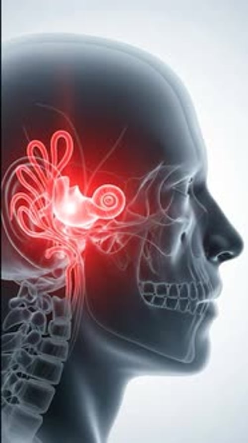 Human Head Scan with Pulsating Inner Ear Pain Visualization