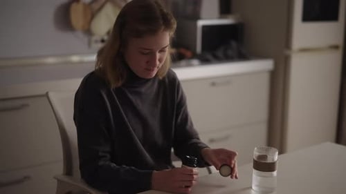 Woman Taking Pills with Water in Kitchen