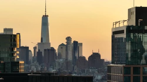 Aerial view of The World Trade Center at sunset