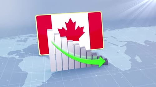 Canada Flag With Decrease Bar Chart Graph And Arrow Green