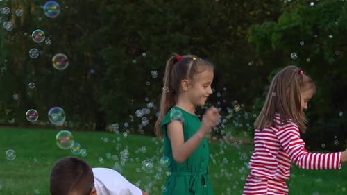 Happy Children Play with Soap Bubbles in Summer Park Girls and Boys Outdoors