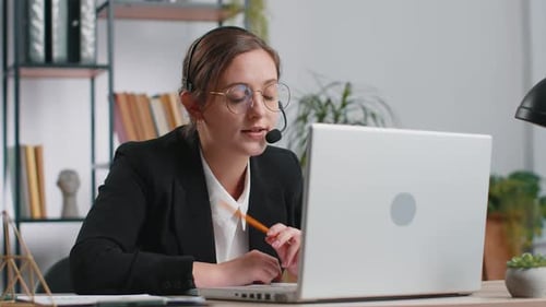 Businesswoman Working on Laptop Wearing Headset Call Center Support Service Operator Office Helpline