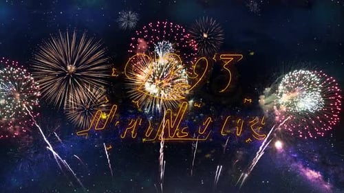 Happy New Year 2023 Text Typography Particles Fireworks Explosion Sparks Night Sky Background