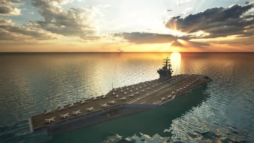 Aircraft Carrier Warship Battleship In The Ocean Navy, Sunset Time