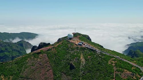 Drone PicodoArieiro Mountain Peak on Madeira Island with White Radar Dome