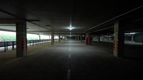 Walk Through the Empty Underground Parking Smooth Camera Movement in the Parking of an Office