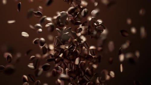 Photo au super Ralenti de grains de café aromatiques torréfiés à la chute