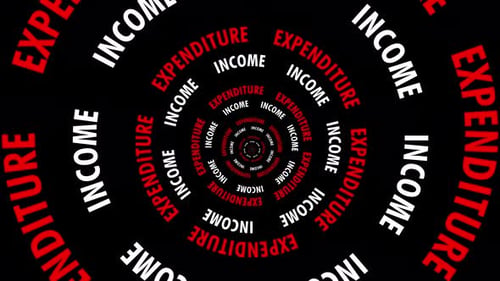 Infinite tunnel of Expenditure and Income words looping on a black background