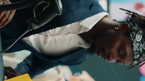 Vertical Video African American Client Paying with Card at Pos in Clothing Store