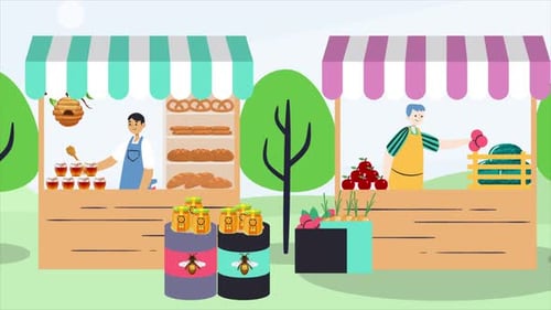 Animated Farmers Market Stalls with Vendors and Fresh Produce