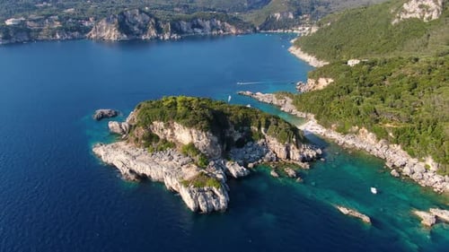 Aerial View of Limni Beach Glyko in Corfu Greece with Double Bay Turquoise Waters