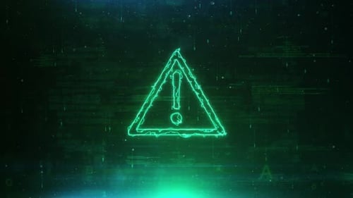 Warnlogo auf abstraktem Netzwerktechnologie-Hintergrund Digitales Hologramm Virtueller Hud-Pin