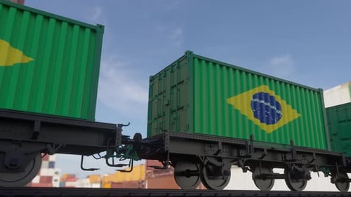 Brazil Flag Shipping Containers Transported by Train