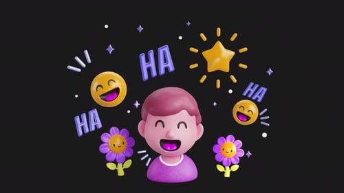 Joyful 3D Cartoon Character Laughing with Animated HA HA Text and Emojis