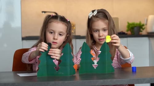 Happy Girls Make Craft From Colored Paper Leisure Diy Handmade Education