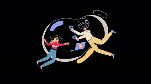 Deux enfants dans l'espace jouant à des jeux vidéo avec des casques futuristes