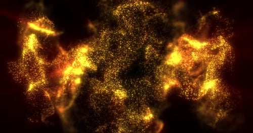 Fundo abstrato com partículas brilhantes de poeira, fumaça e pontos em laranja, animação de ondas