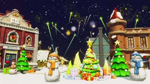 Festive Christmas Winter Town Animation with Snowmen and Fireworks