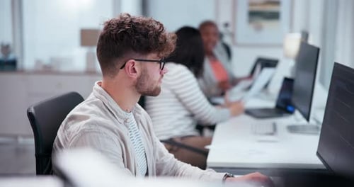Office, research and man with computer at desk for information technology, server and planning