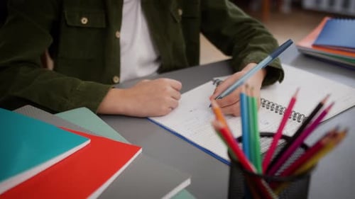 Cropped View Unrecognizable Little Boy Son Kid Child Schoolboy Pupil Student Schoolchild at Home