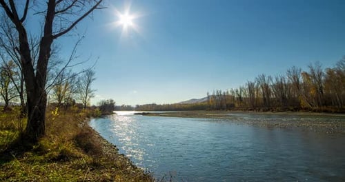 Mountain River Timelapse at the Summer or Autumn Day Time Wild Nature Clear Blue Water and Dry Trees