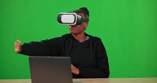 Headset, green screen or happy black woman in vr or metaverse technology playing a game in studio