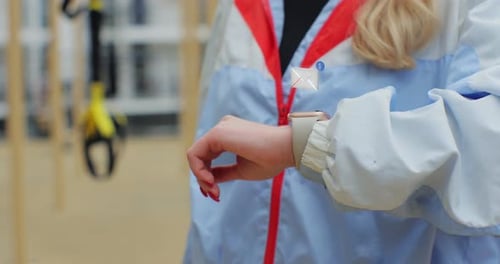 Close Up of Woman Hands Checking Incoming Notification on Smart Watch Incoming Text Message Received