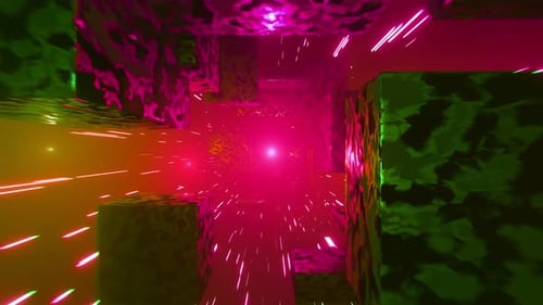 Volando a través de un túnel cúbico geométrico. Fondo brillante futurista abstracto