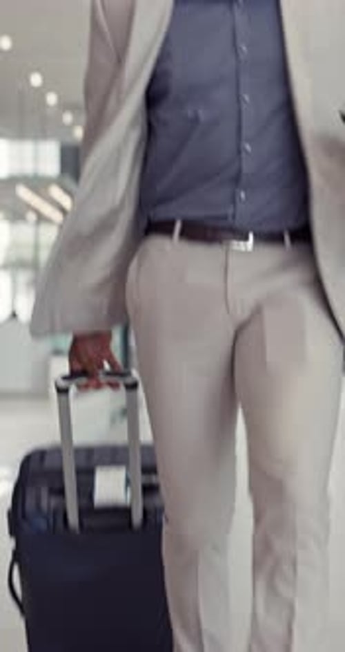 Business man, running and late for travel, airport and international networking event with luggage