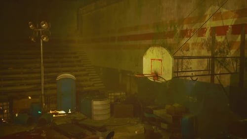 Abandoned Court with a Worn Hoop and Decaying Surroundings