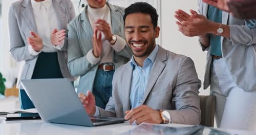 Success, applause or businessman trading on stock market in celebration of financial profit