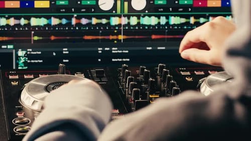 DJ Playing Music on Festival in Night Club Techno Musician with Headphones and Sunglasses Performing