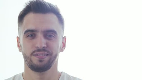 Expressive Young Man Over Window Background Home Portrait of Smiling Handsome Person