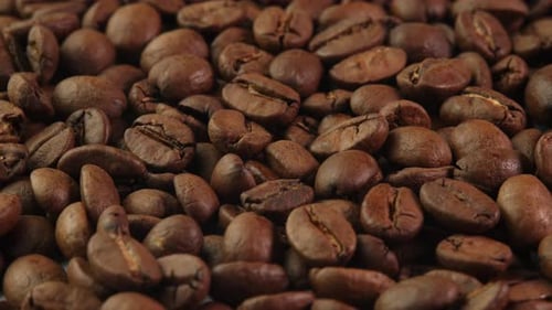 Roasted coffee beans close up rotate as background. Aromatic coffee for advertising coffee shop