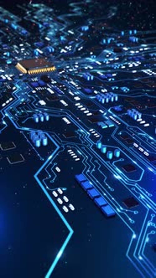 Futuristic Circuit Board Glowing CPU and Data Paths Electronic Processor Board Technology Background