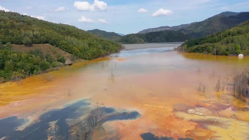 Surreal abstract colorful mining waters background aerial view