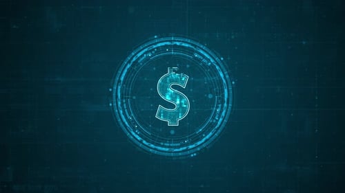 Blue digital money logo with rotation HUD UI circle technology interface and futuristic elements