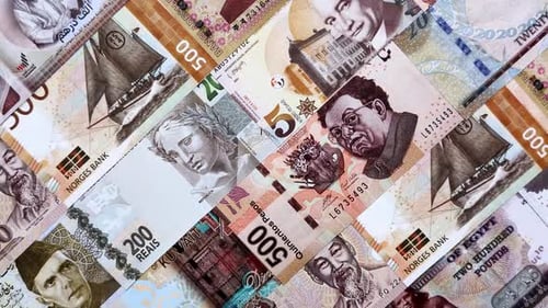 Geldhintergrund, Geldwechsel, Papierbanknoten aus verschiedenen Ländern. Geld, Bargeld, Währung