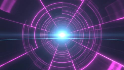 Purple neon tunnel with glowing concentric lines and radiant central light, evoking a sci-fi