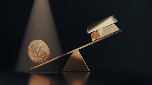Bitcoin Cryptocurrency Weighing Against Gold Bars Animation