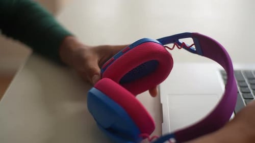 Close Up of Colorful Headphones on Desk