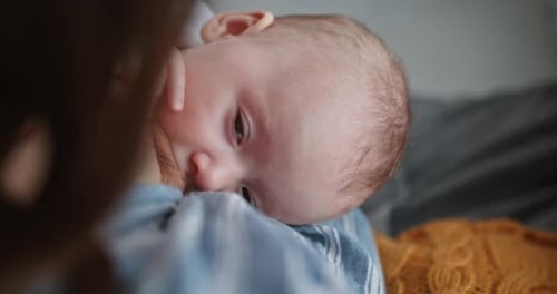 Mother Breastfeeding Her Adorable Baby Indoors