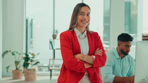 Smile, happy and portrait of a business woman proud of startup company arms crossed in an office