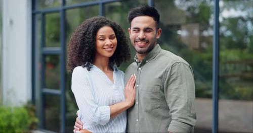 Couple, property or smile outdoor of new house, real estate and mortgage loan in neighborhood