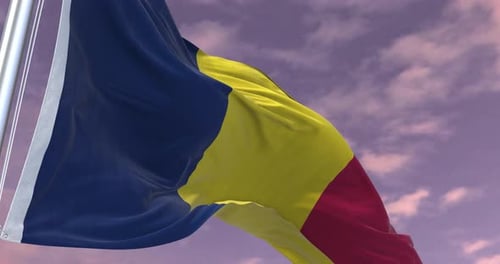 Waving Realistic Tricolor Flag with Blue, Yellow, Red Stripes